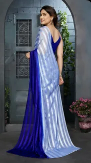 Women's Blue & Silver Striped Saree view 3